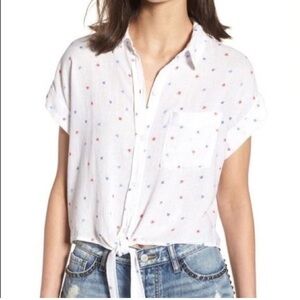 Rails Rails Amelie Tie Front Linen Blend Shirt red white blue stars size XS NWT